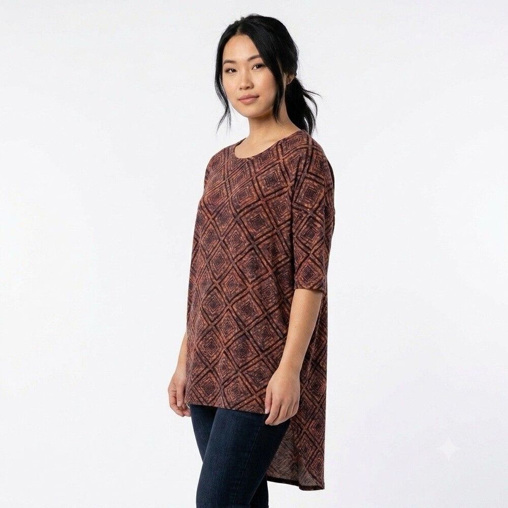 LuLaRoe Irma Tunic Top SMALL Orange Black Geometric Diamond Print High Low